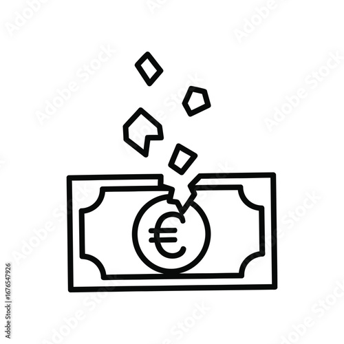 Economic Rupture:  A stark, minimalist line drawing illustrates the shattering of a Euro banknote, symbolizing financial distress and economic instability. 