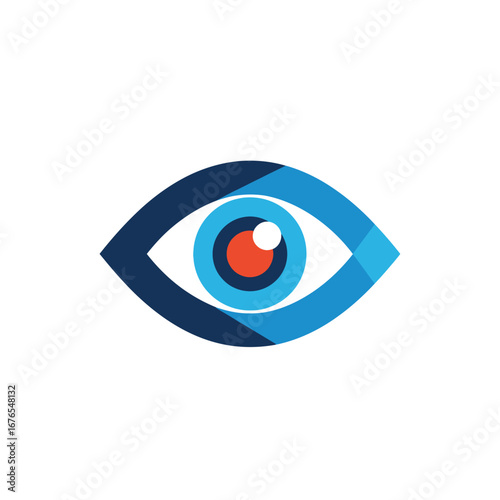 Stylized digital eye logo featuring a vibrant blue iris, red pupil, and geometric dark blue patterns.