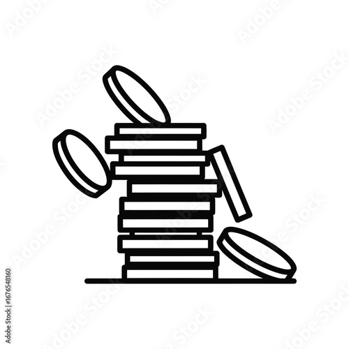 Coin Pile Illustration: A sleek, minimalist illustration presents a stack of coins, with several falling and dispersing, symbolizing financial growth or economic instability.