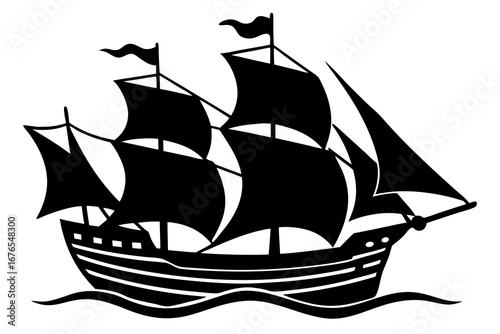 Sailing Ship Silhouette - Black Vintage Tall Ship with Multiple Masts and Sails, Pirate Ship or Galleon Illustration