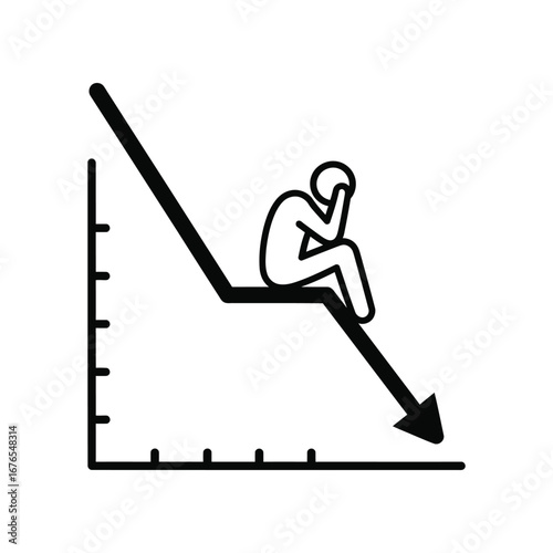 Economic Downturn: A minimalist illustration depicts financial loss, as a dejected figure sits atop a downward-trending graph, signifying the impact of economic struggle.