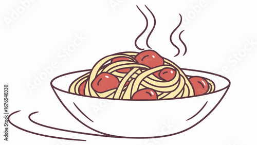 Spaghetti and Meatballs Bowl - Steaming Hot Italian Pasta Dish, Simple Line Drawing Food Illustration