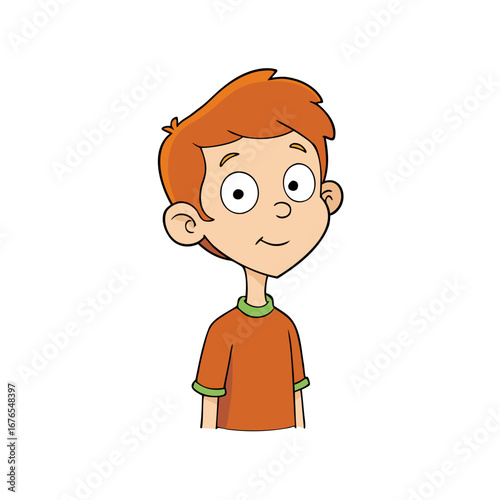 Boy in Orange Shirt Cartoon Character - Child with Red Hair Looking to the Side, Children's Illustration