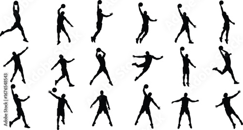 Basketball player silhouettes, slam dunk poses, vector jump actions, athlete movement design, black sports figure illustration, isolated white background