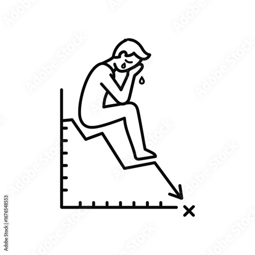 Dejected on Decline: A simple illustration depicts the despondency of financial struggles, with a person sitting dejectedly atop a downward trending graph line.