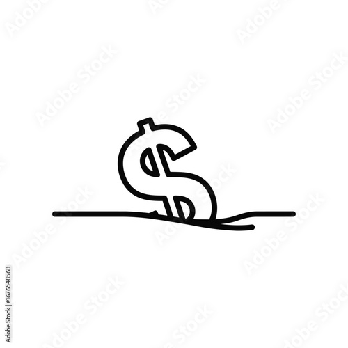 Sinking Dollar: A simple line art depicting a dollar sign sinking into an unspecified surface, symbolizing financial loss or economic downturn.