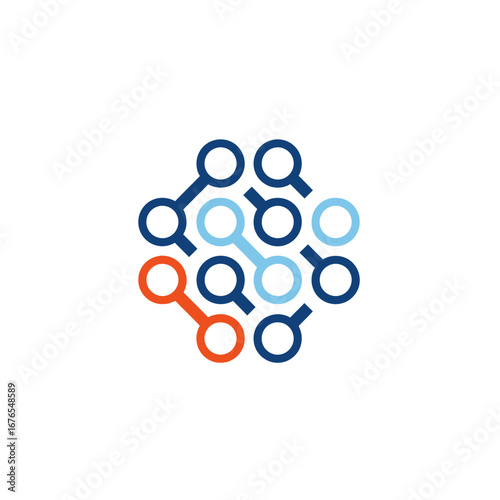 Abstract logo design featuring interconnected circles and lines in blue, orange, and light blue.