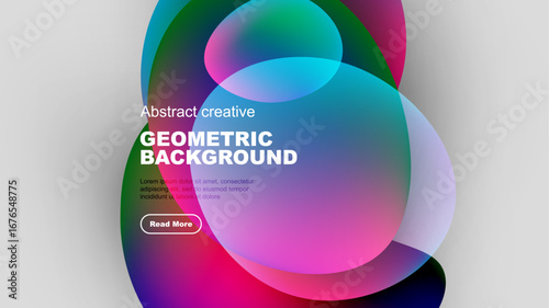 Abstract colorful shapes overlap dark background. Modern design features text, button for more information. Vibrant hues create dynamic visual.