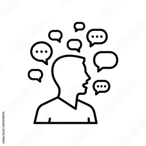 Dialogical thoughts: An abstract representation of a person mid-sentence, engulfed in a flurry of thoughts, communicating a concept of inner speech and the intricacies of contemplation. 