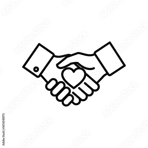 Handshake of Affection: A symbolic illustration of two hands in a firm handshake, the heart representing trust and care. This monochrome artwork conveys compassion, unity, and heartfelt commitment.