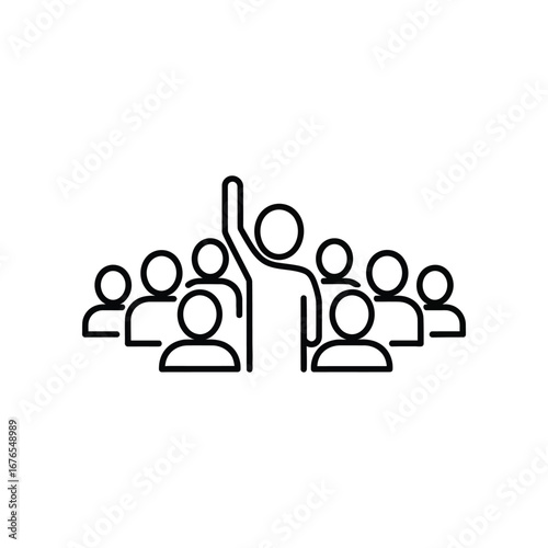 People Participation: An illustration captures a group of stylized figures, one with their arm raised high, symbolizing engagement, active participation, and collective action.
