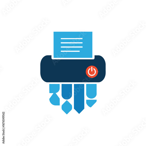 A flat design icon of an office paper shredder destroying a document, with a red power button.