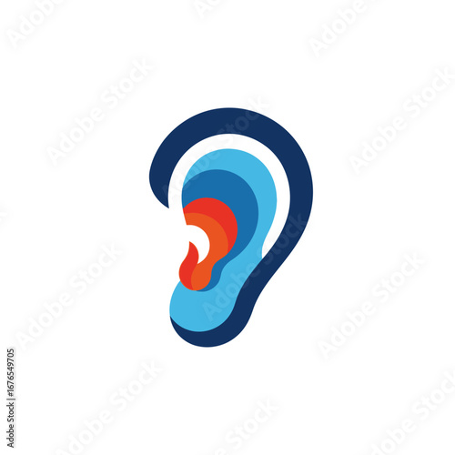 Stylized, abstract representation of a human ear with layered, colorful segments, suggesting sound or hearing.