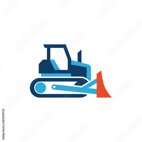 A stylized, modern illustration of a blue and orange bulldozer with tracks and a blade, symbolizing construction and heavy machinery.
