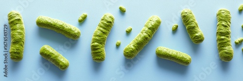 Green, elongated shapes with textured surfaces are scattered across a solid blue background. AI.