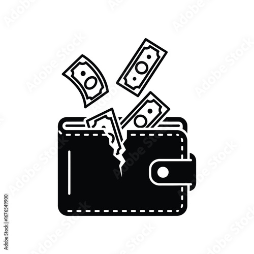 Wallet and Dollars: A wallet with torn, pouring out dollar banknotes