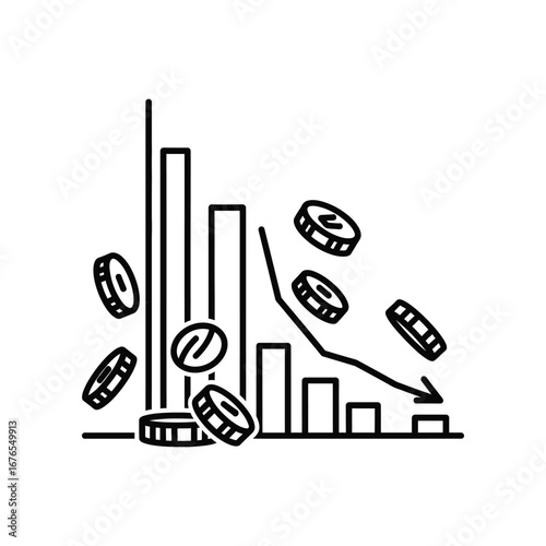 Financial downturn: The image of a descending graph line paired with falling coins portrays the concept of financial decline or economic recession.