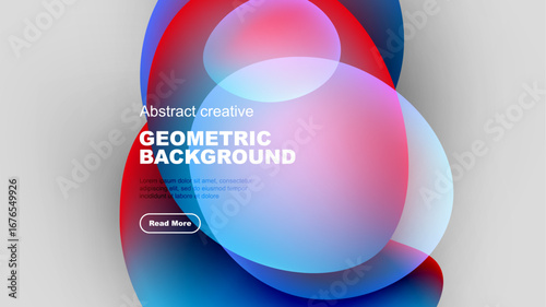 Abstract geometric background features overlapping colorful shapes. Text elements present, including title, sample text, button. Modern design.