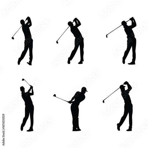 Golf Player Silhouette Vector Set – 9 Elegant Golf Swing and Putt Poses
