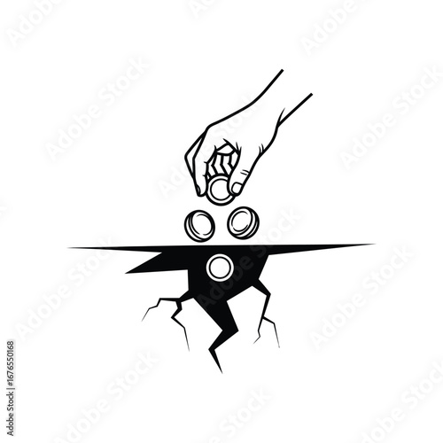 Financial Instability: A stark illustration symbolizing the critical economic situation, with a hand dropping coins into a widening crevice, revealing the fragile state of financial resources.