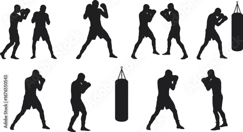 Boxer silhouette, boxing training, punching bag, martial arts, fighter workout, combat sport, fitness exercise, athlete shadow, boxing stance, fighting practice
