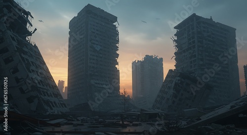 Ruined cityscape with crumbling buildings and debris under a hazy sky, suggesting a post-apocalyptic or disaster-stricken urban environment.