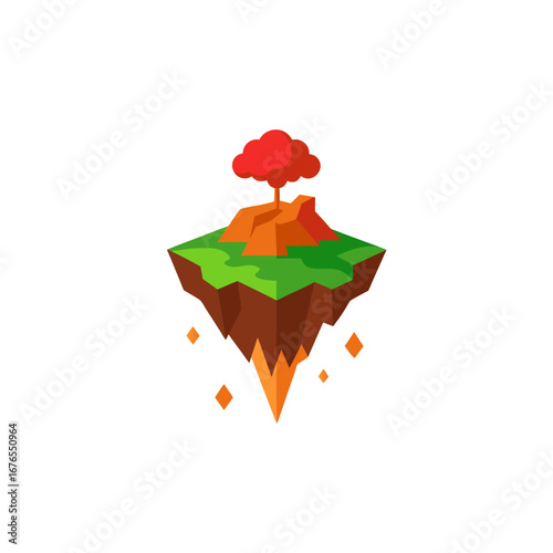 Floating island with tree and geometric elements art on transparent background