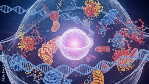 Detailed 3D rendering of a cell with DNA, molecules, and organelles.
