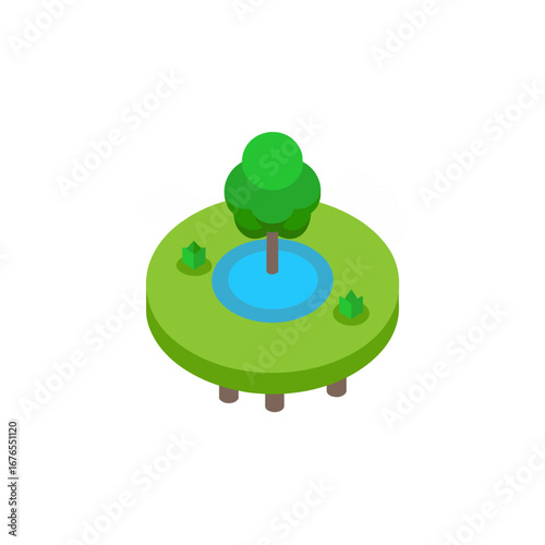 Isometric island with tree and pond illustration on transparent background