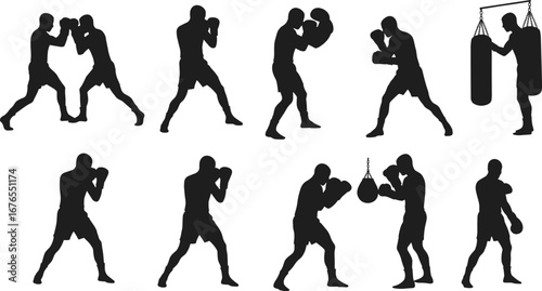 Boxer silhouette, boxing training, punching bag, sparring fighters, combat sport, martial arts, athlete workout, shadow boxing, fighting stance, sports fitness