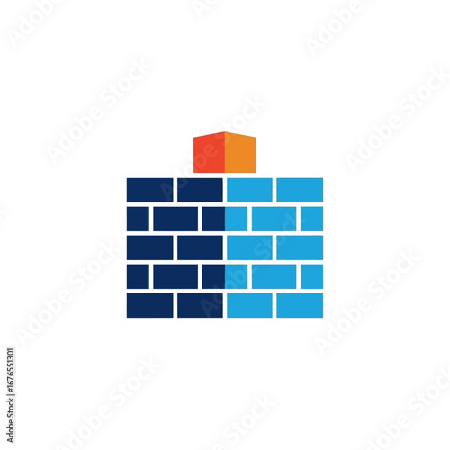 Brick wall graphic with blue bricks and an orange block on top.