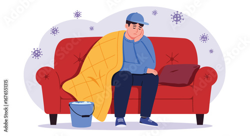 Ill Person Sitting on Couch with Blanket - Feeling Unwell