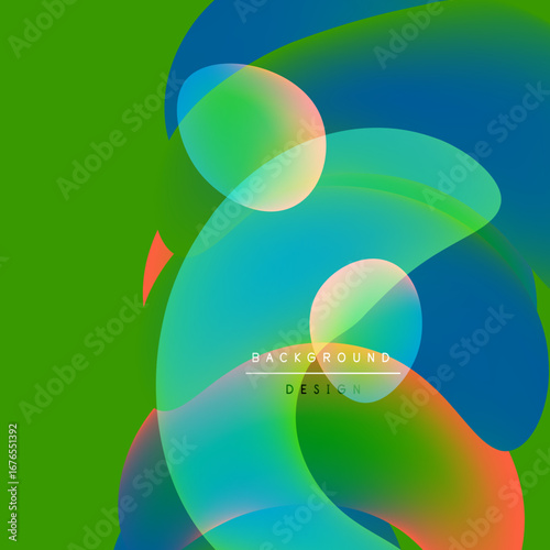 Abstract fluid shapes overlap, creating vibrant color gradients. Green background complements blue, orange hues. Modern design element.