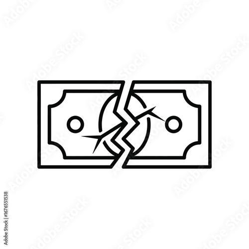 Cracked Financial Instability: A stark image of a split paper bill, representing financial struggles, brokenness, economic downturn, crisis, and instability.