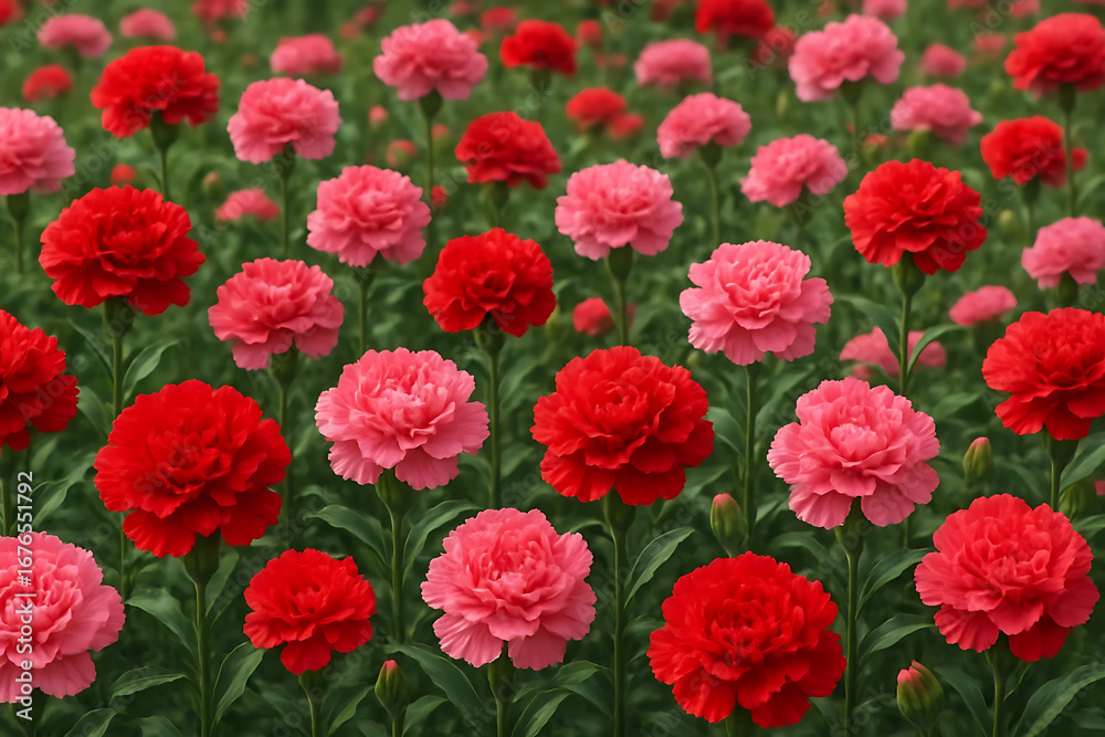 Red and Pink Carnation Flowers in Blooming Garden