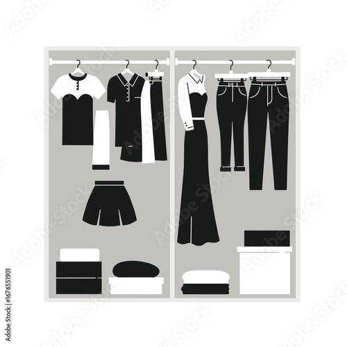 clothes neatly arranged in the wardrobe illustration