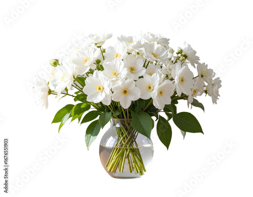 Angled Side Perspective of White Flower Arrangement in Vase on Wooden Surface, isolated on transparent background