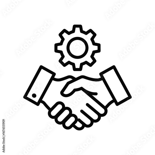 Handshake Agreement Icon: A graphic illustration depicts two hands in a firm handshake with a gear symbol suspended above, symbolizing collaboration and agreement in business. 