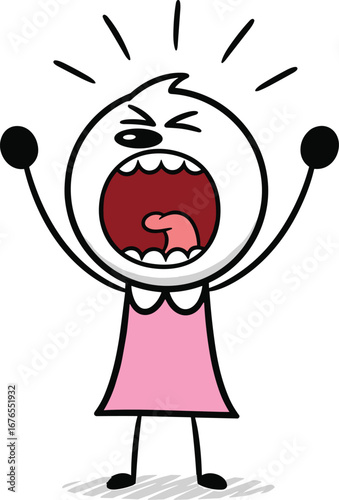 Cartoon stick figure girl screaming loudly with open mouth, expressing anger, frustration, stress, a tantrum, or a desperate cry for help.