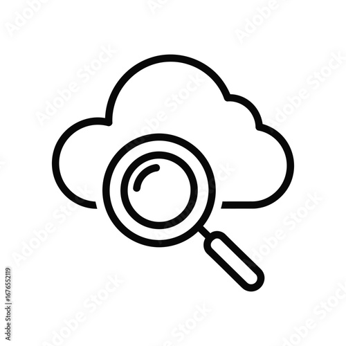 Cloud search: Symbolic representation of a cloud being examined with a magnifying glass, denoting data scrutiny or web investigation. 