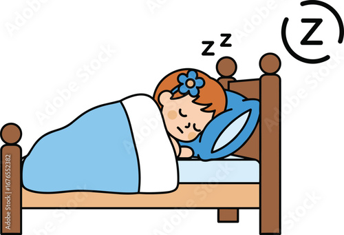 Cute cartoon girl sleeping peacefully in her bed, representing dreams, rest, relaxation, and a good night's sleep for a healthy lifestyle.