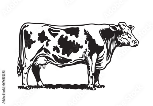 A stylized vector illustration of a dairy cow standing. Perfect for farm and food-related designs.