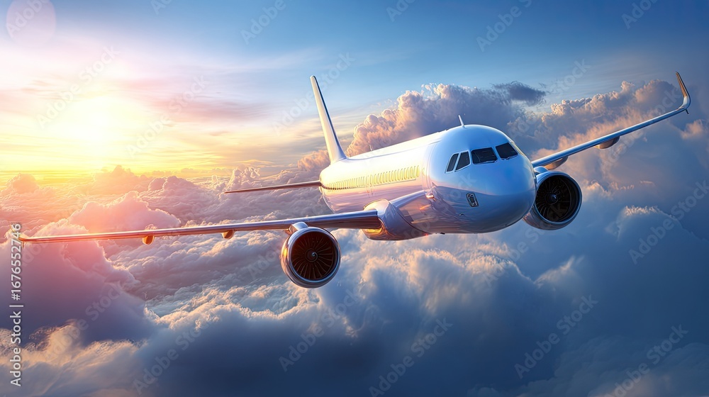 Obraz premium Airplane Flying High Above Clouds with Beautiful Sunrise in the Background