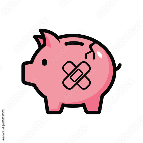 Broken Savings: A symbolic illustration of a cracked piggy bank, patched with a plaster, conveying the themes of financial hardship and repair.