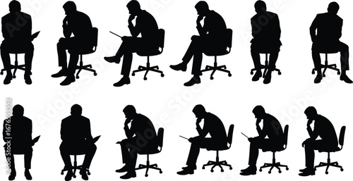 Businessman silhouette, office worker sitting chair, thinking man vector, corporate stress illustration, employee reading document, workplace decision making concept art