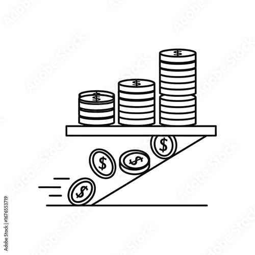 Coins Decline: This evocative, minimalist drawing shows a stark depiction of financial loss as coins topple from a precariously balanced ledge.