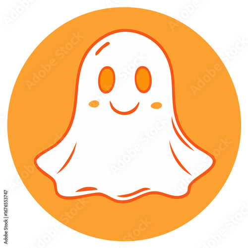 Cute smiling white ghost character with orange eyes and cheeks inside an orange circle