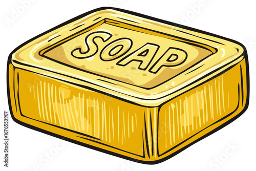 Yellow soap bar illustration, hygiene and cleaning product, hand drawn style