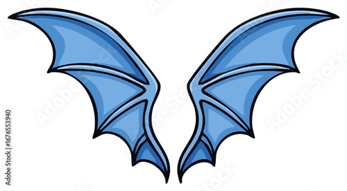 Pair of blue cartoon dragon wings spread out symmetrically against a white background