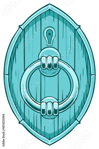 Vintage Wooden Door with Metal Knocker and Keyhole Cartoon Style Design Element